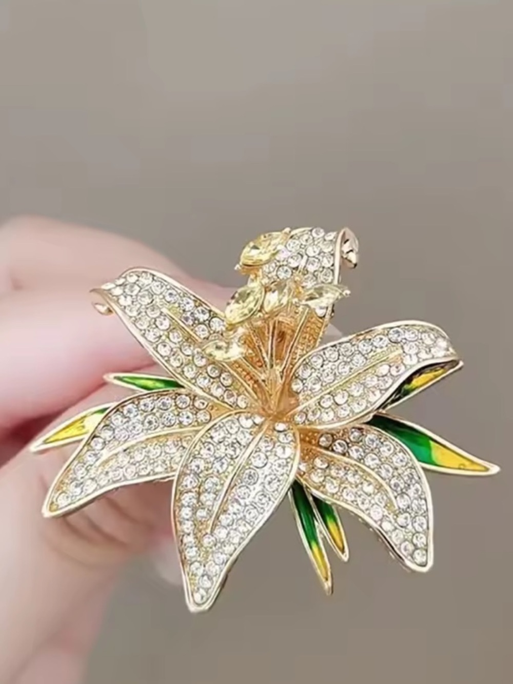 Gold-tone Crystal Lily Brooch with Green Enamel Accents - Picture 3 of 6